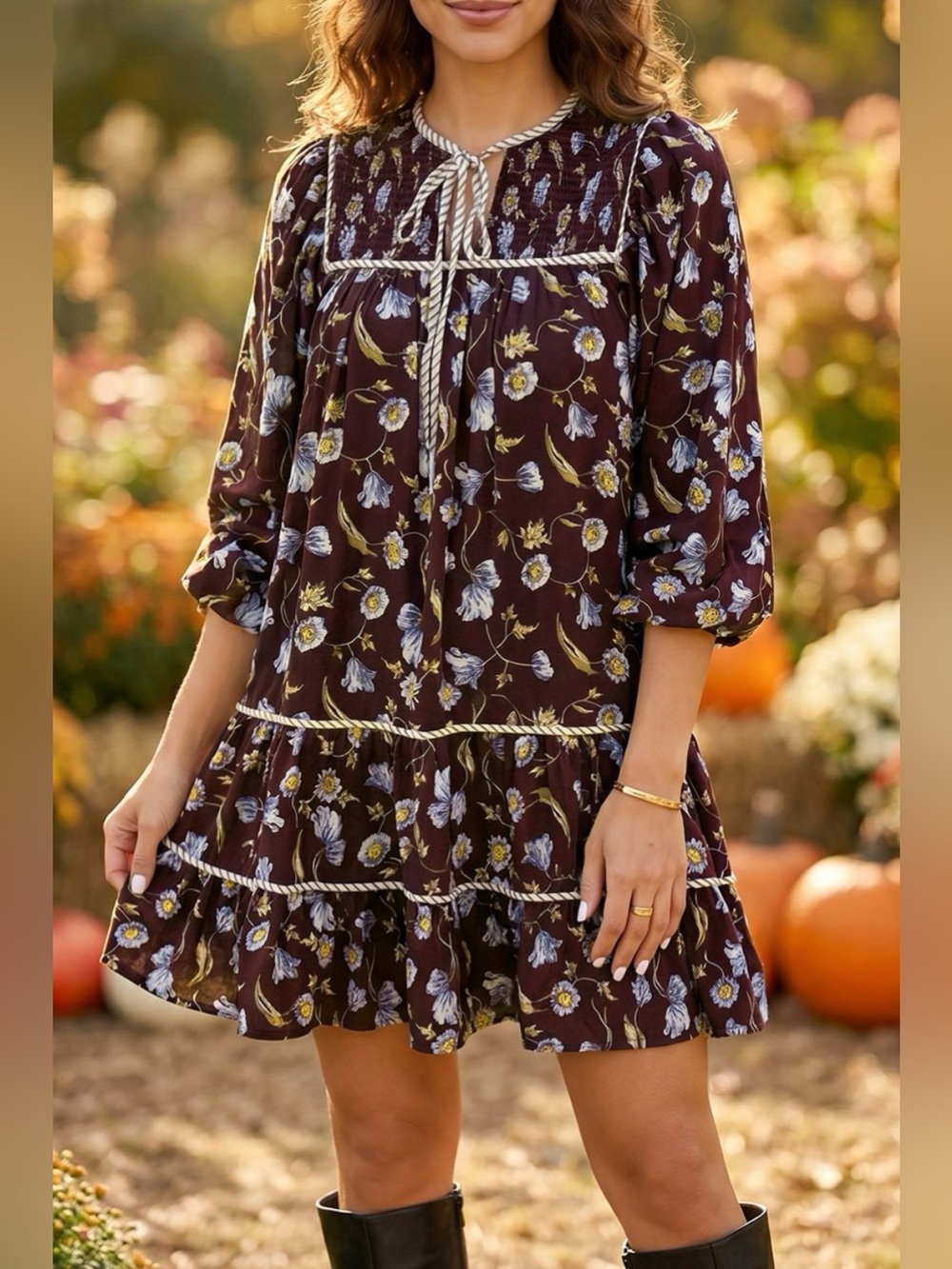 Floral Print Shirred V Neck Shift Dress